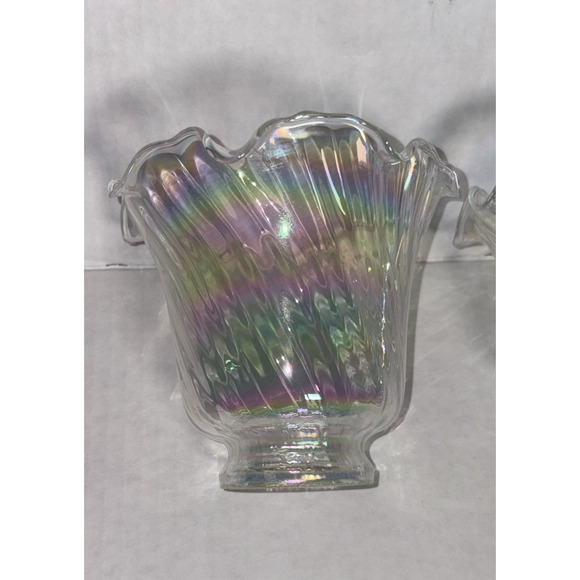 Set of 3 Iridescent 4” Light Shade Hurricane Lamp Swirl Bell Ruffled Fitter 2” - Picture 5 of 14